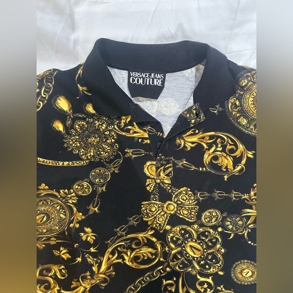 Authentic Versace Jeans Couture Black Polo with Gold Baroque Print